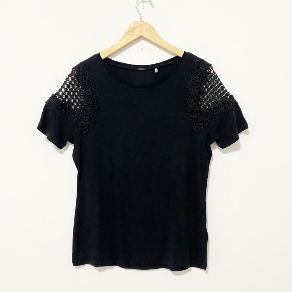 Elie Tahari Black Cutout Short Sleeve Sweater Size Large